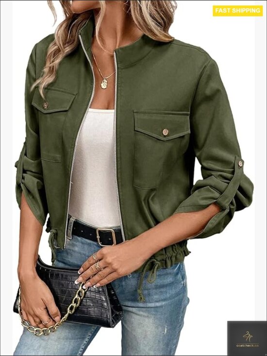 Jackets & Blazers - Utility Crop Jacket Zip Up Roll Tab Sleeves Drawstring Hem Lightweight Casual